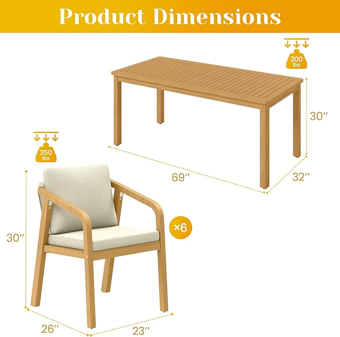 7-Piece Outdoor Dining Set for 6 with 23" Extra Wide Chair and Cushion，Patio Table and Chairs Set with All Acacia Wood Frame, All-Weather PE Rattan Outdoor Patio Furniture Set for Lawn Garden, Beige