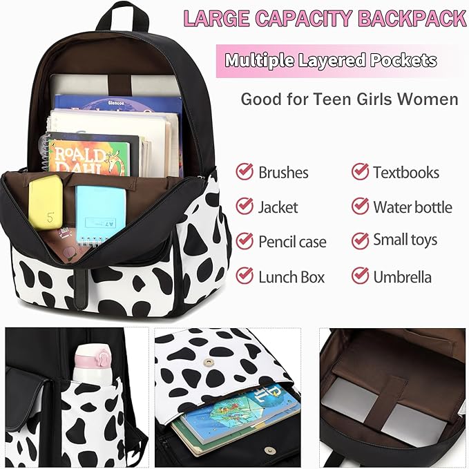 School Backpack for Girls Teens Bookbag with Lunch Box Set Kids Backpack Elementary Middle School Bag Daypack, Black Cow