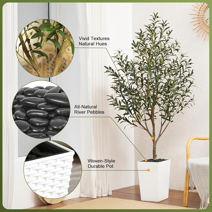 Artificial Olive Tree 6FT Indoor&Outdoor Faux Plant - UV Resistant Large Fake Tree with White Planter & Pebbles, Realistic Tall Potted Artificial Trees for Modern Home Decor Office Living Room VN132