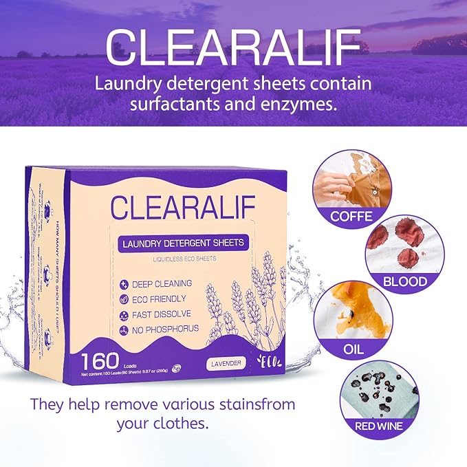 CLEARALIF Laundry Detergent Sheets, Lavender,Up to 480 Loads - Great For Travel,Apartments, Dorms,Laundry Detergent Strips Eco Friendly & Hypoallergenic (Pack of 3)