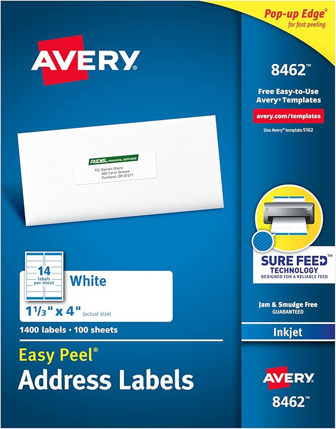 Avery Easy Peel Printable Address Labels with Sure Feed, 1-1/3" x 4", White, 1,400 Blank Mailing Labels (08462)