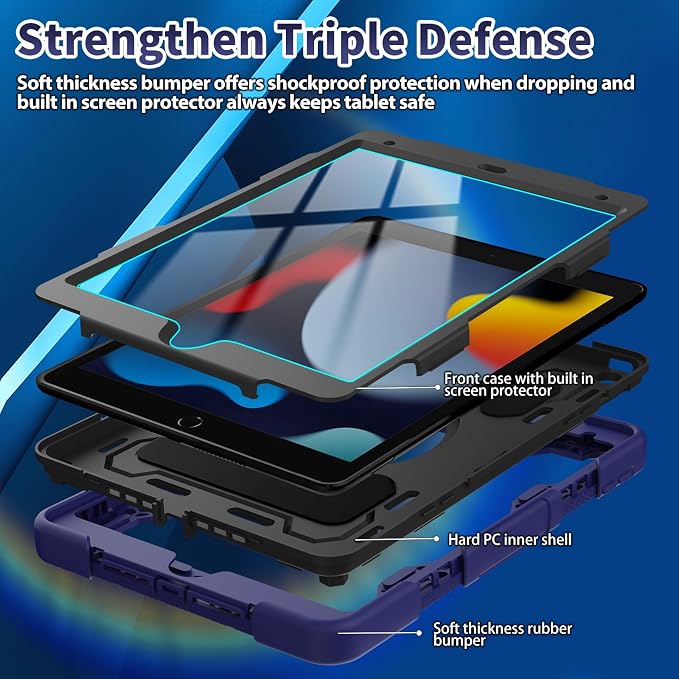 for iPad 9th 8th 7th Gen Case 10.2 inch with Screen Protector | 360° Rotating Kickstand Hand Strap Shoulder Strap Heavy Duty Military Grade - Kids Friendly