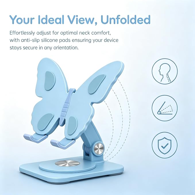 Butterfly Cell Phone Stand for Desk Aluminum Alloy 360° Rotating Phone Holder Height &amp Angle Adjustable Foldable Desktop Dock Universal Anti-Slip for Smartphones Tablets Home Office Travel