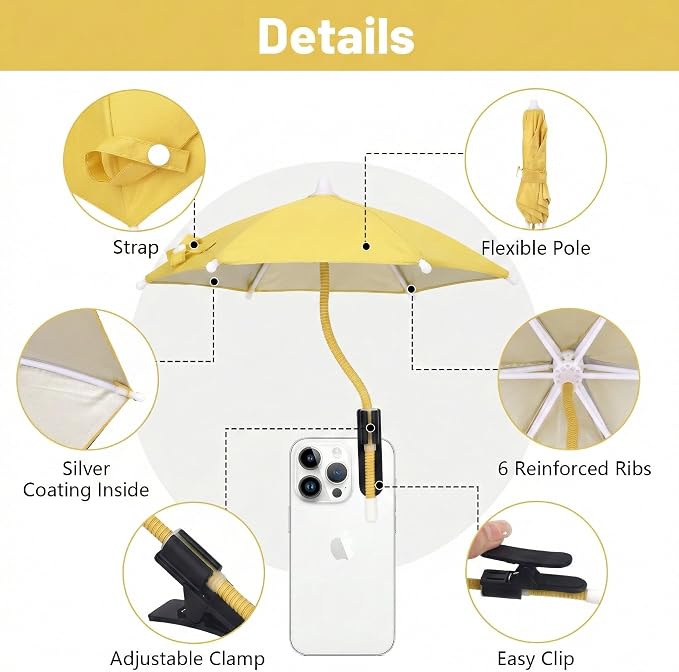 Mini Clip-on Phone Umbrella for Sun Flexible Adjustable Handle Cell Phone Umbrellas Sun Shade Protects from Sunlight and Glare Universal Fit for All Smartphones Black