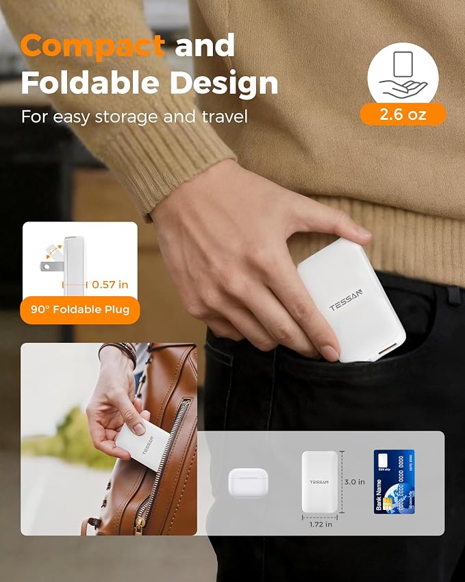 USB C Wall Charger Block PD 65W TESSAN Flat Fast Phone Charger Foldable | 2 USB C GaN Type C Fast Charging Block 0.58'' Ultra Slim Charger for iPhone 17/16/15 Series Samsung Galaxy Models Travel
