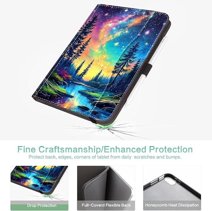 Lokigo Case for iPad (A16) 11th/10th Generation Aurora Forest | for iPad 11th-11 Inch/10th-10.9 Inch Stand Cover Pencil Holder/Hand Strap/Pocket Support Touch ID Auto Wake/Sleep