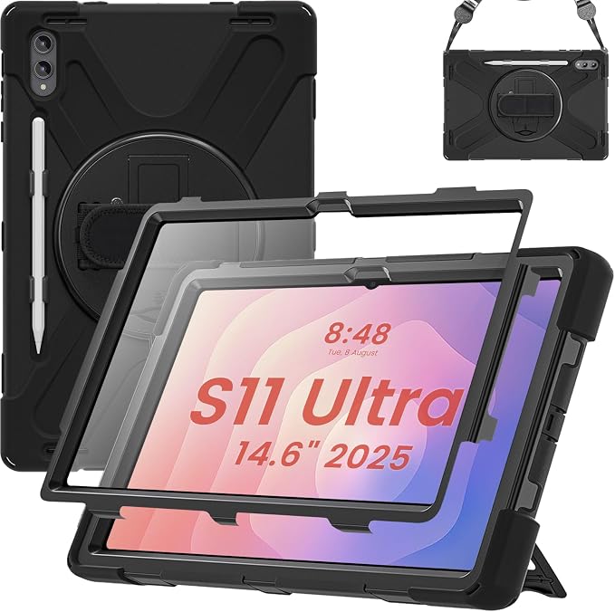 Case for Galaxy Tab S10 FE+ 13.1 2025 with Screen Protector+360 Rotating Hand Strap&ampStand+Shoulder Strap (Black)