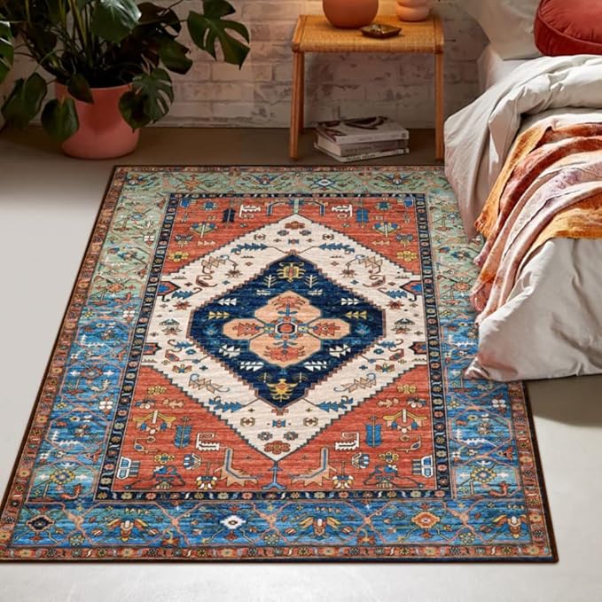 Lahome Boho 3x5 Washable Area Rugs, Small Non-Slip Bedroom Carpet Throw Low-Pile Rugs for Entryway Kitchen, Oriental Distressed Carpet for Bathroom Office Laundry Living Room, Rust