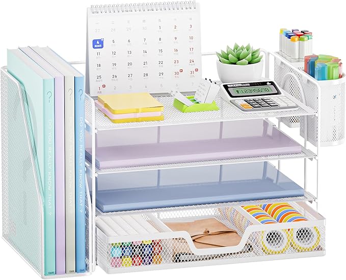 Marbrasse Desk Organizer and Accessories，4-Tier Paper Letter Tray Organizer with File Holder, Desk Accessories with Drawer and 2 Pen Holder (White, 15.4" x 9.1" x 8.3")