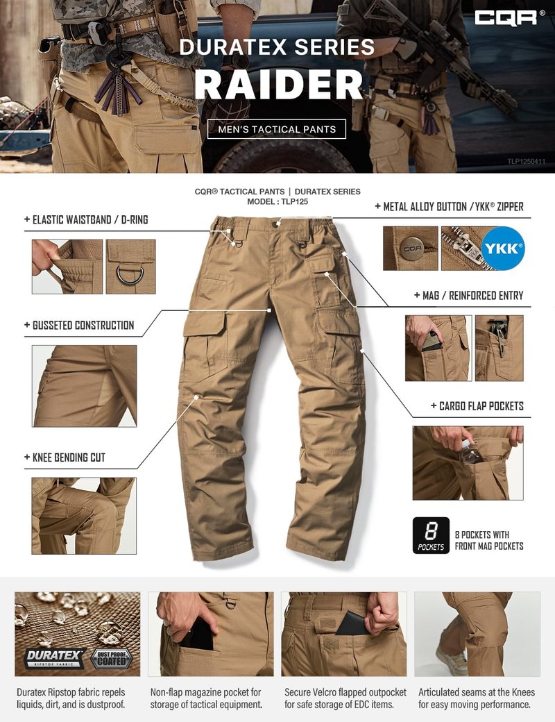 CQR Men's Tactical Pants, Water Resistant Ripstop Cargo Pants, Lightweight EDC Work Hiking Pants, Outdoor Apparel, Raider Mag Cougar, 32W x 34L