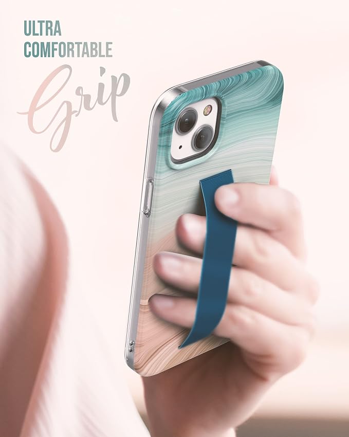 ENCASED Finger Loop Case Designed for iPhone 14 Plus Case with Hand Strap Phone Holder and Screen Protector (Black/Gold Marble)