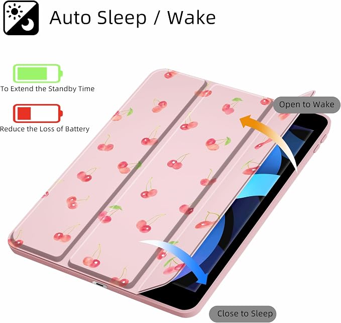 Cute Cherry Case for iPad 5th/6th Generation 9.7 inch Clear Hard Back Cover with Pencil Holder Tri-fold Stand Full Wrap Protective Case for Women Girls Pink Cherry/Pink Case