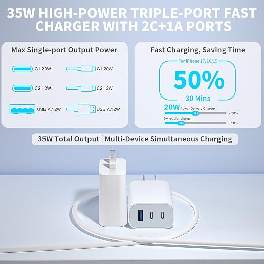 iPhone 17 16 15 Pro Charge Fast Charging2 Pack 35W 3-Port USB C Charger Block &amp 10 Feet Fast Charging USB C Cable CordiPhone 17 Pro Max ChargerCompatible with Apple 17/16/15/e/Plus/ProMax/iPad