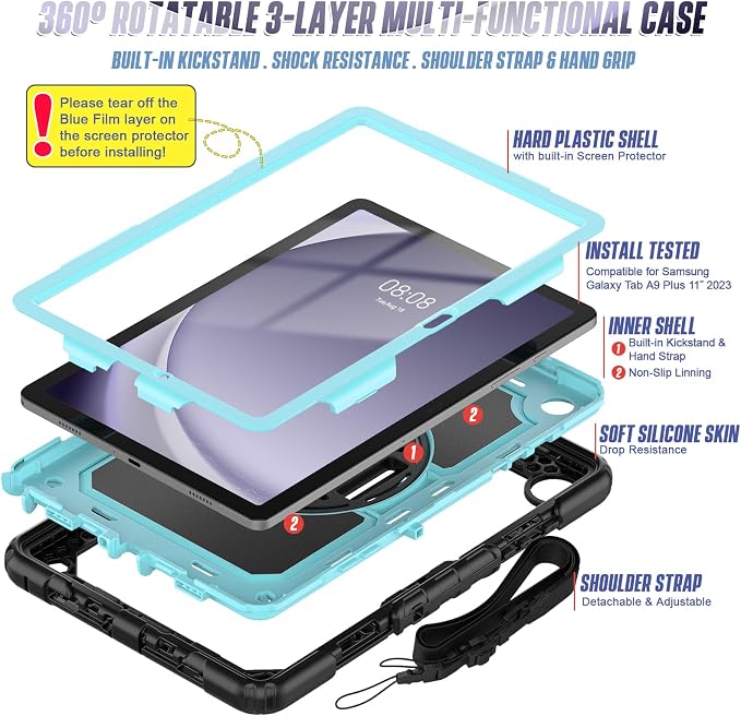 Case Compatible with Galaxy Tab A11 Plus 2026/ A9 Plus 2023 11-Inch Model SM-X230/SM-X236/SM-X238/SM-X210/SM-X216/SM-X218 with Screen Protector Pen Holder Stand Shoulder Strap Handle Grip