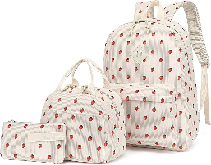 Corduroy Girls Backpack Set, 3PCS School Backpacks for Kids Elementary Middle School Bags with Lunch Box Pencil Case (Beige Corduroy Strawberry)