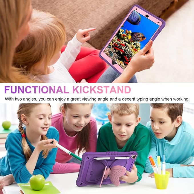 VOFUOE for iPad 9th 8th 7th Generation Case with Screen Protector Butterfly Stand Shoulder Strap Keychain Pencil Holder for iPad 10.2 Hard Cover Kids Girls for iPad 9th/8th/7th(2021/2020/2019)-Purple