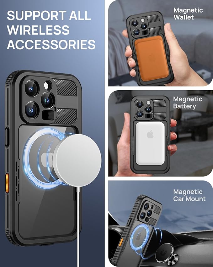 Lanhiem Magnetic for iPhone 16 Pro Case, IP68 Waterproof Dustproof Case, [Compatible with Magsafe] [Built-in Screen Protector] Full Body Heavy Duty Rugged Phone Cover 6.3 inch, Black/Clear