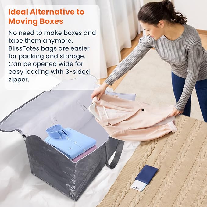 BlissTotes Large Moving Boxes and with Zippers & Handles Moving Supplies with lids, Heavy Duty Totes for Storage Bags for Space Saving, Fold Flat, Moving and Storing 76L, 4 Pack