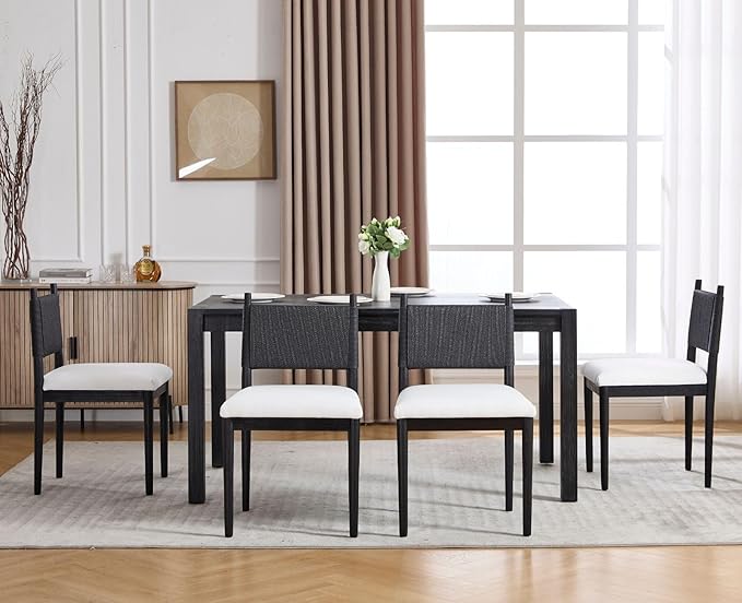 CIMOTA Dining Chairs Set of 4, Mid Century Modern Upholstered Dining Room Chairs with Woven Back, Armless Kitchen Chairs with Black Solid Wood Legs,Linen Beige, 4PCS