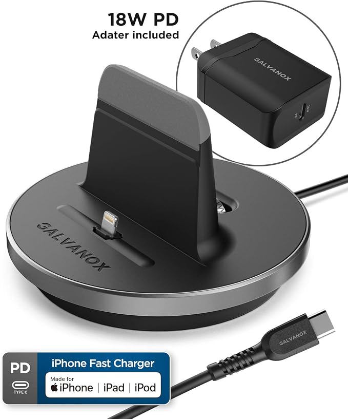 Fast Charging Power Stand for iPhone and iPad Models - MFi Certified Lightning Dock with USB-C Wall Adapter (for All iPhone 12/13 /14 Models)