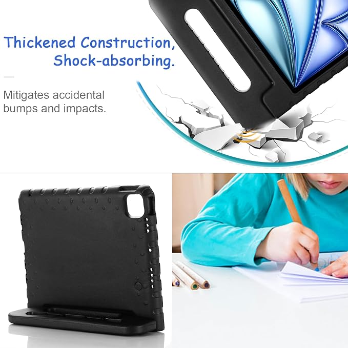 Kids Case for iPad Pro 11 M5/M4 &amp iPad Air 11 (2026/2025/2024) Shockproof Case with Pencil Holder Techcircle Light EVA Foam Handle Stand Bumper Protective Child Friendly Drop Proof Cover Black