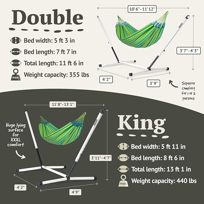 LA SIESTA® - Large Double Brisa Classic Hammock & Nautico Steel Stand - Weather & Tear Resistant Portable Hammock w/Stand - Balcony Porch Garden Outdoor Indoor Hammock - 2-Person Max 355 Lbs, Lime