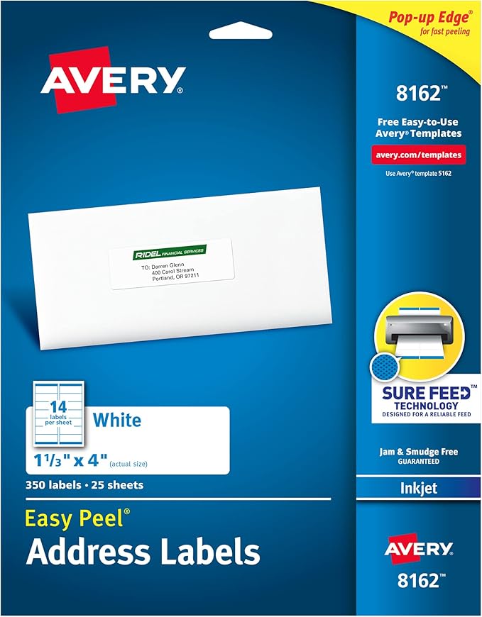 Avery Easy Peel Printable Address Labels with Sure Feed, 1" x 4", White, 350 Blank Mailing Labels (08162)