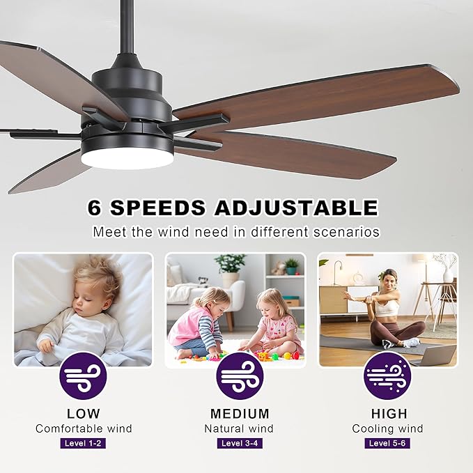 ARTPLAN 52" Ceiling Fan with Light and Remote, Noiseless DC Motor & Reversible Blades - Flush Mount LED Ceiling Fan for Bedroom, Living Room, Dining Room,Black