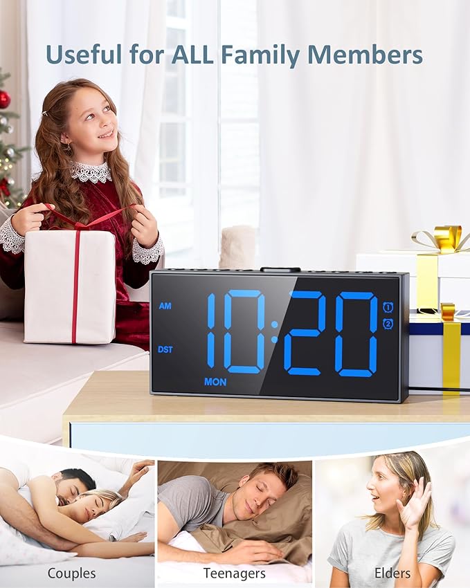Digital Alarm Clock for Bedroom Heavy Sleepers,7.5''Large Display,2 Alarms,Weekday/Weekend,Electric Bedside Desk Clock,Adjustable Volume,Dual Charging Ports,Snooze,Dimmer,Memory Function,12/24H &DST