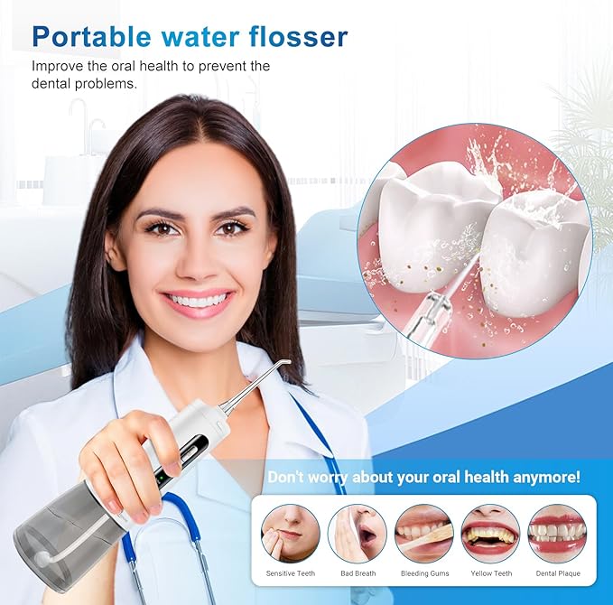 JNGOODS Cordless Water Dental Flosser Oral irrigator,JNGOODS 300ml Rechargeable Water flosser for Teeth IPX7 Waterproof 4 Modes Portable Oral Irrigator with 4 Jet Tips, Travel Home use (White)