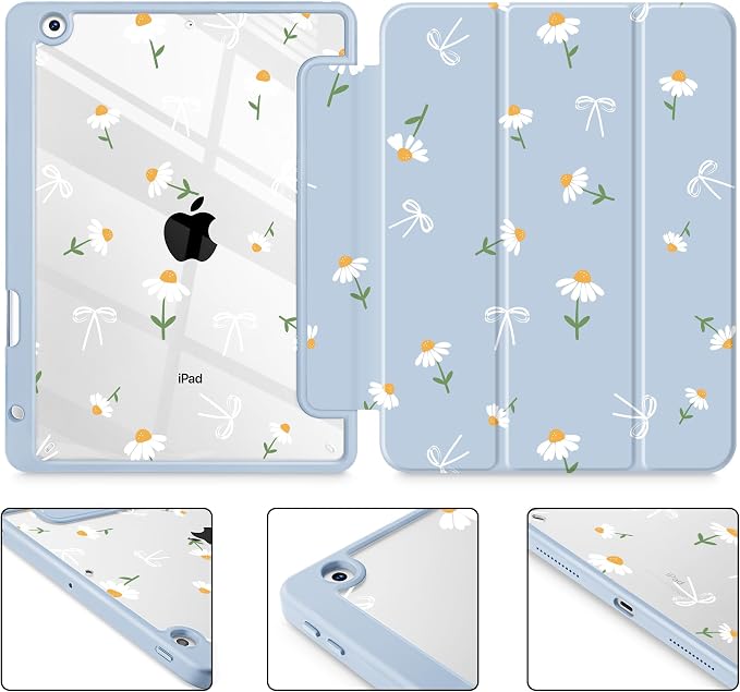 Case for iPad 9th/8th/7th Generation 10.2-Inch (2021/2020/2019 Release) with [Built-in Pencil Holder] Shockproof Cover with Clear Transparent Back Shell &amp Auto Wake/Sleep - Blue Bows