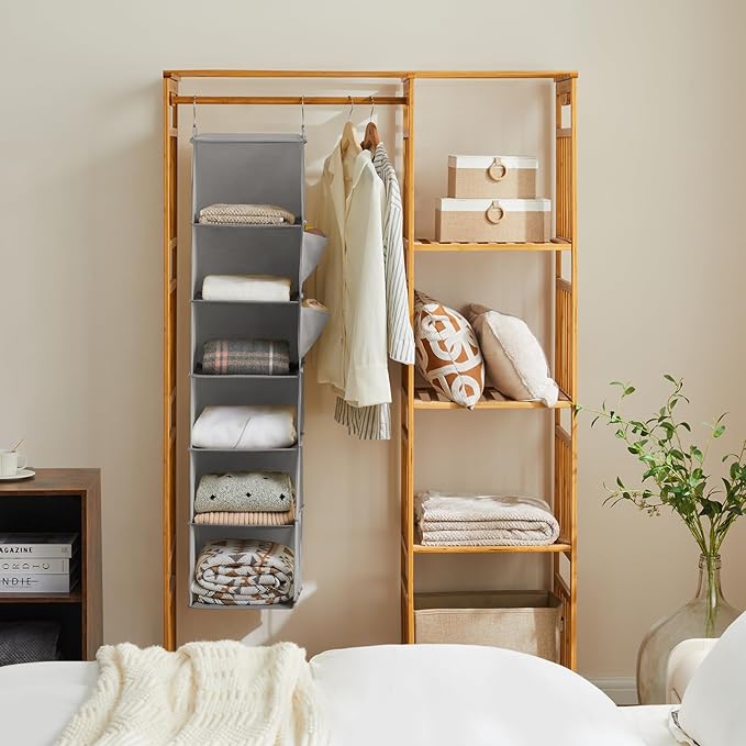 YOUDENOVA Hanging Closet Organizer, 6-Shelf Closet Hanging Storage Shelves, 2 Packs, Light Grey