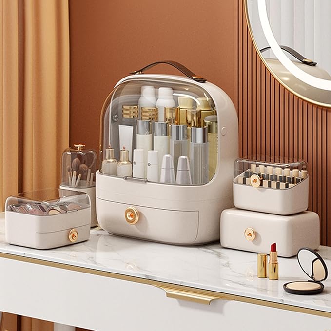 Ergocar Make Up Case Dustproof Cosmetics Skin Care Products Cosmetic Storage Box, Multi-Function Jewelry Organizer Case - White + Brush Holder