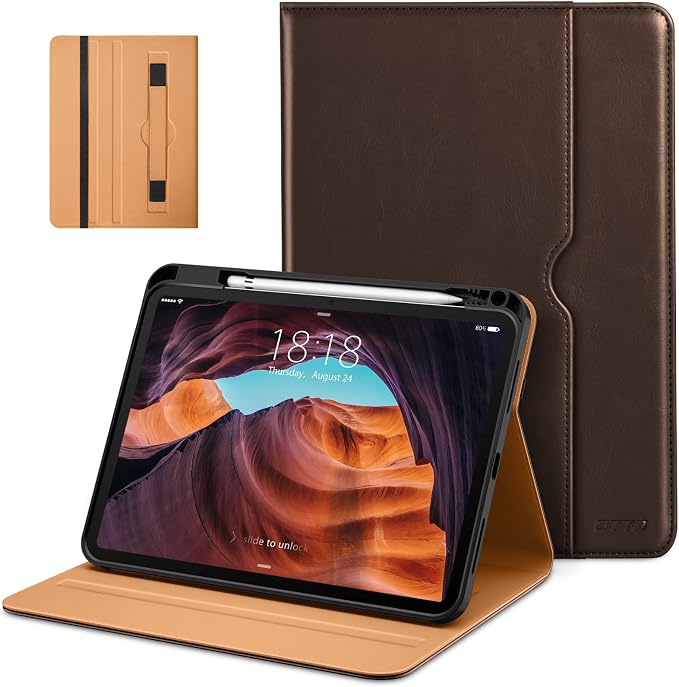DTTO for iPad (A16) 11th Generation 11-inch &amp 10th Gen Case Brown | Premium Leather Business Cover with Pencil Holder Hand Strap &amp Pocket Corner Protection Auto Sleep/Wake for Work &amp