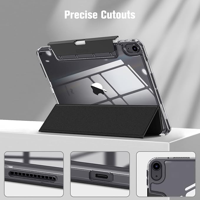 Fintie Clear Case for iPad Air 11-inch &amp iPad Air 5th/4th Generation 10.9 | Tri-Fold Stand Retractable Pencil Holder Viewing &amp Typing Angles Slim Transparent Hard PC Back Cover Black