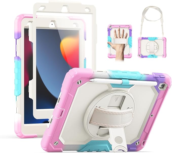 SEYMAC for iPad 9th/8th/7th Generation Case 10.2 2021-2019 Full-Body Shockproof Protective Case with Screen Protector Rotating Stand/Handle/Shoulder Strap for iPad 10.2 Blue/Black