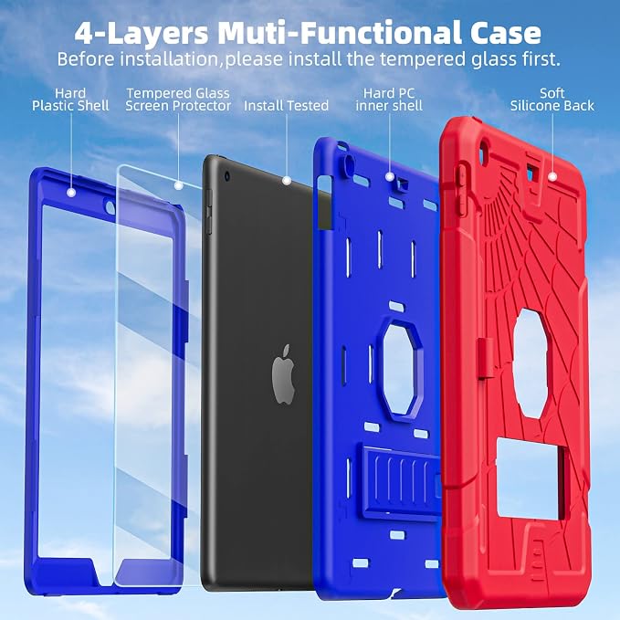 TSQQST iPad 9.7 Case 6th/5th Gen 2017 2018 for Kids Boys Girls | Tempered Glass Screen Protector Pencil Holder &amp Stand Heavy Duty Shockproof Rugged Protective Red+Blue