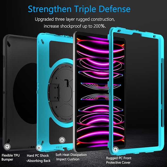 Miesherk Case for iPad Pro 12.9 Inch 6th/5th/4th GenShockproofGreen | Military Grade Heavy Duty Shockproof iPad Pro 12.9 Case - Rotating Stand Pencil Holder Hand/Shoulder Strap