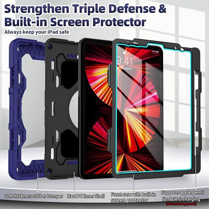 ROISKIN for iPad Pro 11 inch Case (M5/M4 (2025/2024)) Pro 11'' 6th/5th Gen -with HD Screen Protector 360 Kickstand/Handle Shoulder Strap Pen Holder Heavy Duty Military Grade - Kids Friendly