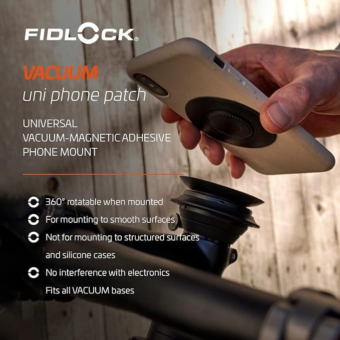 FIDLOCK Vacuum Uni Phone Patch Black | Adhesive Phone Patch 360° Rotation 3M Hold For Smooth Cases No Electronics Interference VACUUM Base Compatibility
