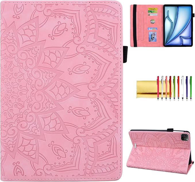 Folio Case for iPad Pro 11 2018-2022 iPad Air 11 2025/2024/Air 10.9 - Techcircle Stand Mandala Embossed PU Leather Soft TPU Cover with Elastic Strap Card Slots Pencil Holder - Pink