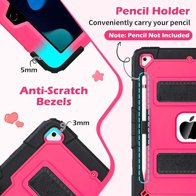 VOFUOE for iPad 9th/ 8th/ 7th Generation Case with Foldable Stand Shoulder Strap Pencil Holder 3 in 1 Heavy Duty Hard Protective Cover for iPad 10.2 Inch 2021/2020/2019 -Black&ampHot Pink