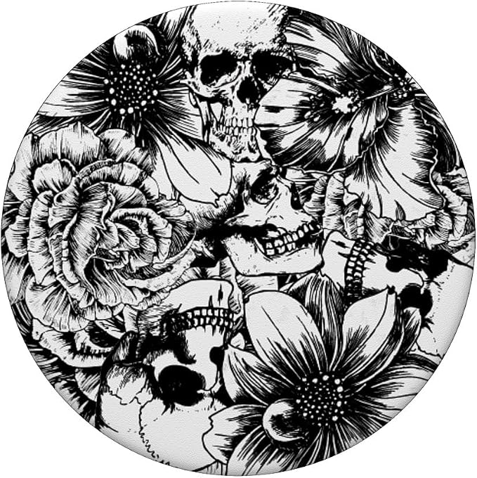 Black and White Floral Skulls PopSockets Adhesive PopGrip