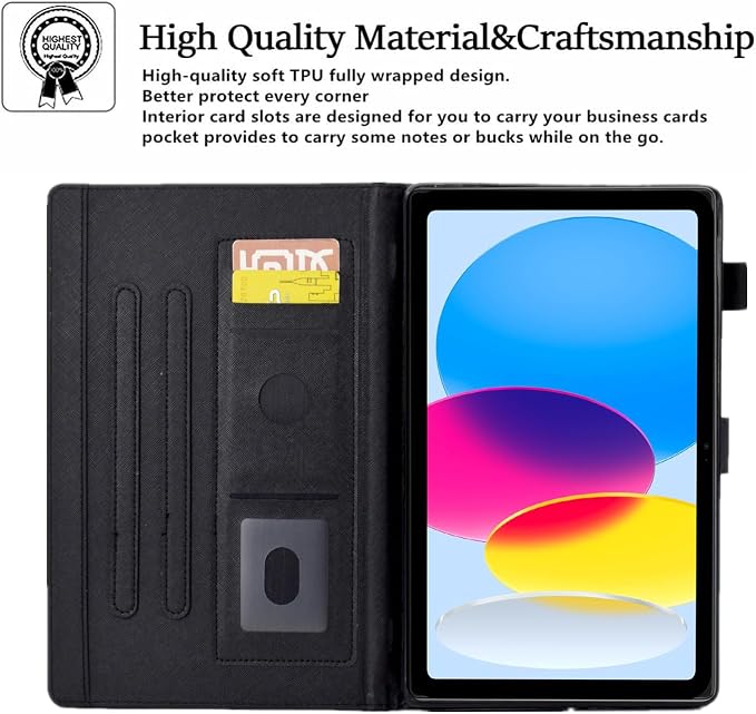Case for iPad A16 11th Gen 11/10th Gen 10.9 2025/2022Notebook | Black PrintSlim Durable Foldable Stand PU Leather Pencil Holder Card Slot Auto Wake，Auto Sleep