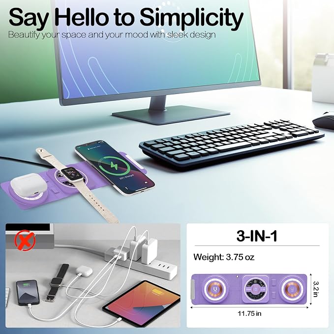 Fold 'N Style 3-in-1 Foldable Magnetic Wireless Charger Keychain 15W Travel Fast Charger for iPhone 15/14/13/12 Pro/Max/Plus Apple Watch AirPods Samsung Galaxy/Note Charge 2 Phones Simultaneously