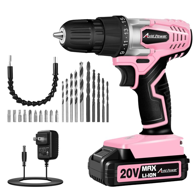 AVID POWER 20V Cordless Drill Set for Home DIY & Beginner Projects - Lightweight Power Drill with Battery Charger & 22 Bits, Variable Speed, 3/8" Keyless Chuck, Ideal for Furniture Assembly (Pink)