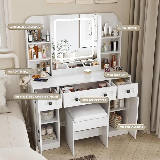 Vabches Makeup Vanity Desk, Vanity Mirror with Lights Desk and Chair,Makeup Table with 3 Large Drawers and 2 Cabinets, Time and Temperature Display, 3 LED Lighting Modes Adjustable, White