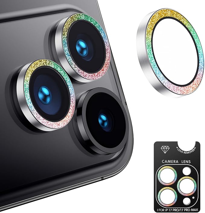 Korecase for iPhone 17/iPhone 16/iPhone 16 Plus Camera Lens Protector Bling 9H Tempered Glass Anti Scratch Camera Screen Protector Shockproof Film Metal Ring Lens Protector Glitter-Black