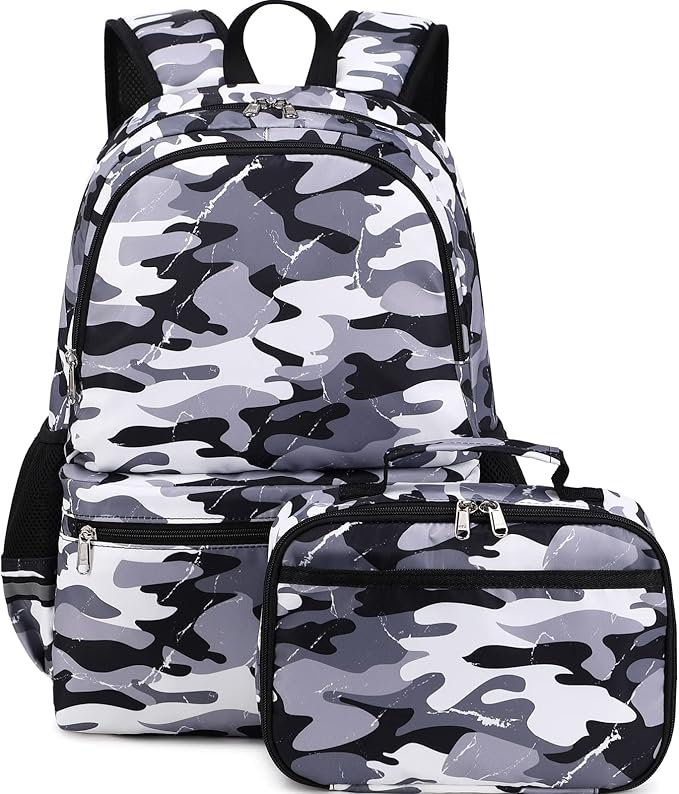 DSIUE Backpacks for Boys School Bags for Kids Elementary Bookbag and Lunch Box Set Camo Grey