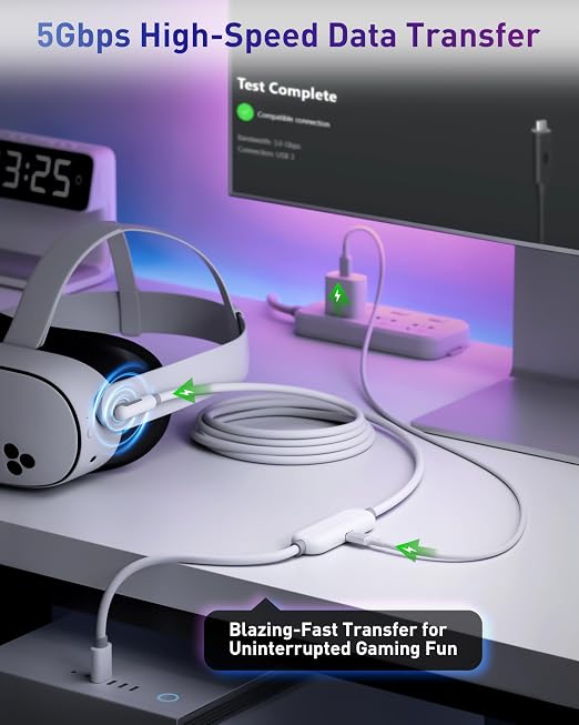 Maxonar VR Charging Link Cable 16FT – Charge While Playing PC VR USB 3.0 Stable Data Built to Replace Meta Link Cable for Quest 3S / Quest 3 / Quest 2 / Pico 4 Black